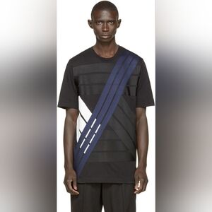 Y-3 Striped Textured Black Blue and White 100% cotton T shirt, size M